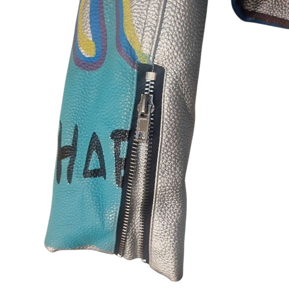 Azalea Wang Phoenix Moto Jacket Studded Graffiti Painted Cropped  Silver, Small - Picture 11 of 15